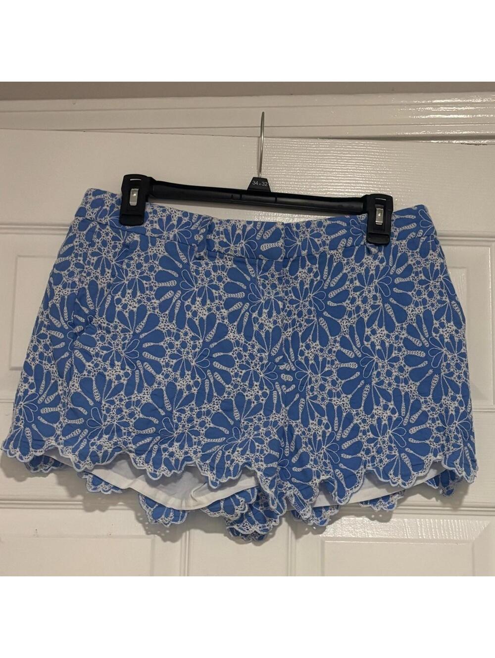 LOFT High Waist Floral Lace Shorts in Blue and White